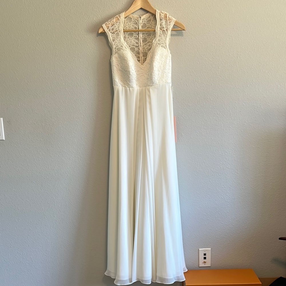 Lace and Chiffon Morilee Bridesmaid Dress with Cap Sleeves and Illusion Back